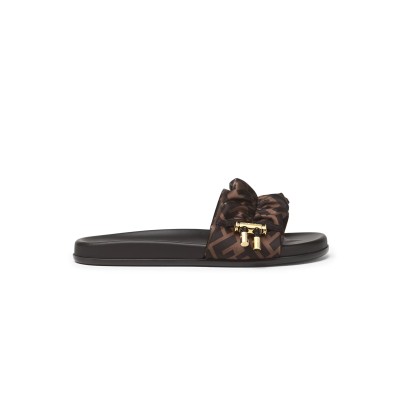 FENDI FEEL BROWN SATIN SLIDES 8X8142AE7SF0R7V